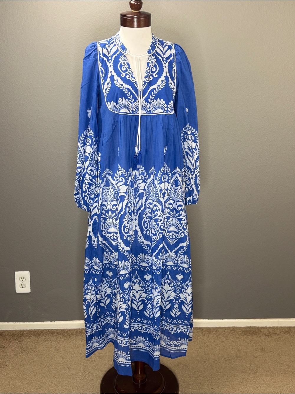 Boden NWT Blue White Boho Tie Neck Kaftan Dress Sz 2 Vacation Wedding Guest - Picture 12 of 15